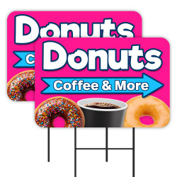 Donuts Coffee & More - Breakfast 2 Pack Double-Sided Yard Signs 16" x 24" with Metal Stakes (Made in Texas)