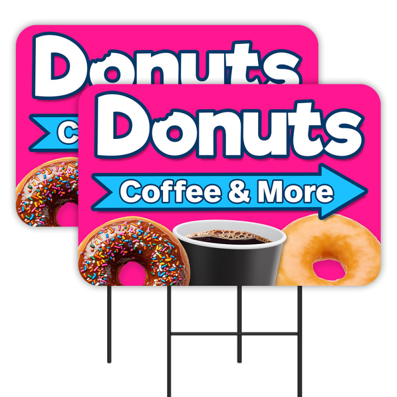Donuts Coffee & More - Breakfast 2 Pack Double-Sided Yard Signs 16" x 24" with Metal Stakes (Made in Texas)
