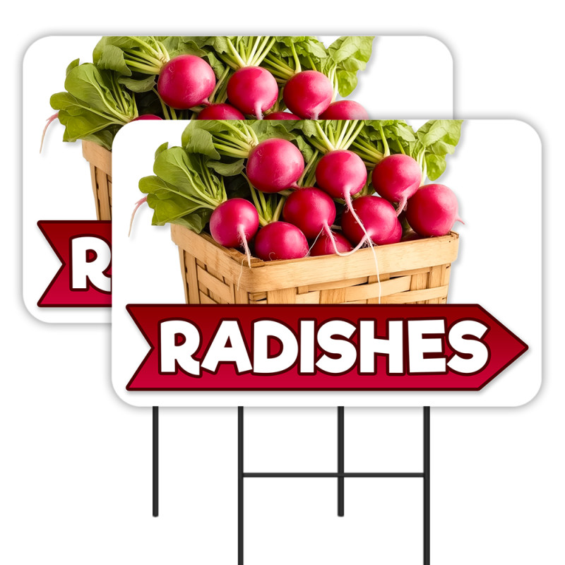 Radishes - Produce 2 Pack Double-Sided Yard Signs 16" x 24" with Metal Stakes (Made in Texas)