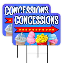 Concessions - Food Drinks 2 Pack Double-Sided Yard Signs 16" x 24" with Metal Stakes (Made in Texas)