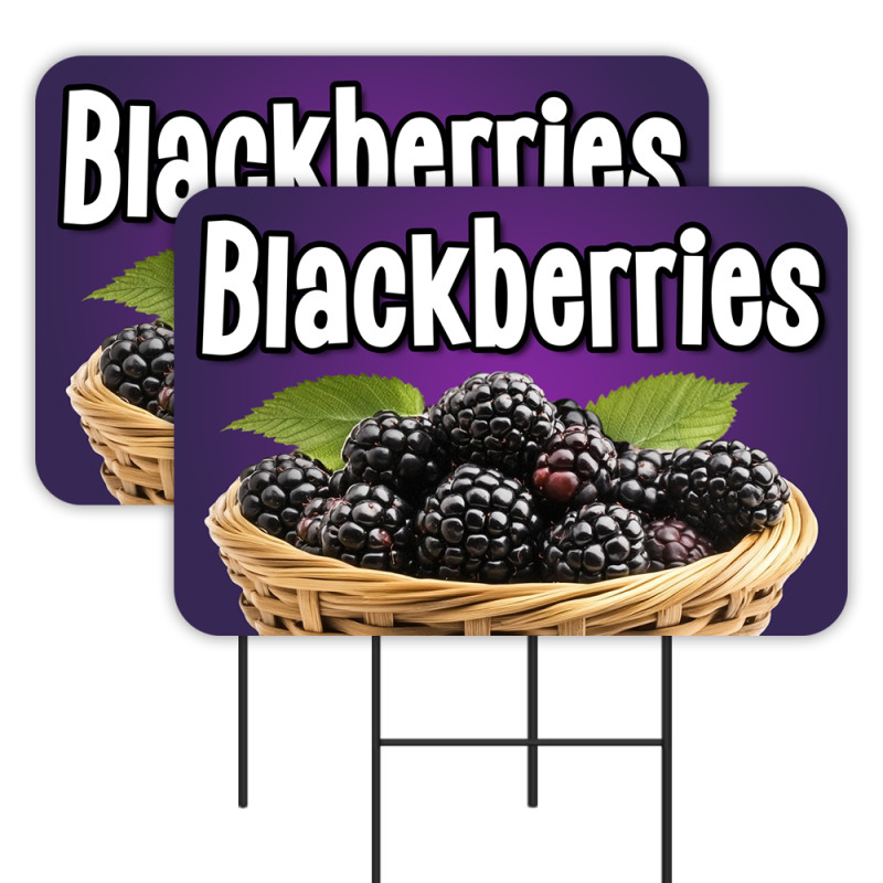 Blackberries - Fruit Produce 2 Pack Double-Sided Yard Signs 16" x 24" with Metal Stakes (Made in Texas)