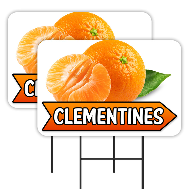 Clementines - Oranges Citrus Fruit Produce 2 Pack Double-Sided Yard Signs 16" x 24" with Metal Stakes (Made in Texas)