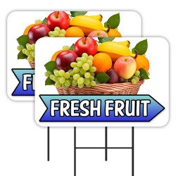 Fresh Fruit - Produce Farmers Market 2 Pack Double-Sided Yard Signs 16" x 24" with Metal Stakes (Made in Texas)