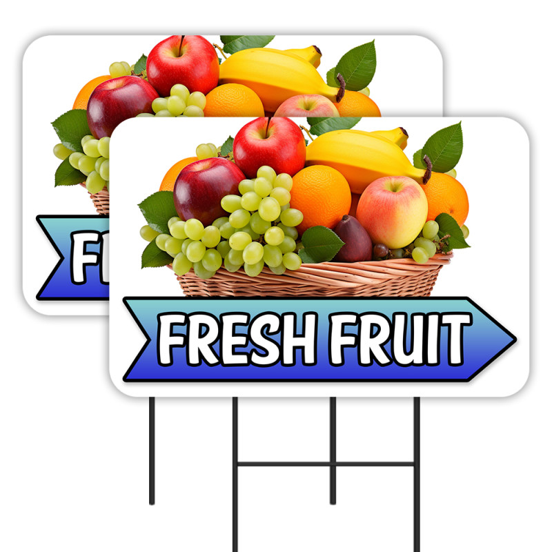 Fresh Fruit - Produce Farmers Market 2 Pack Double-Sided Yard Signs 16" x 24" with Metal Stakes (Made in Texas)