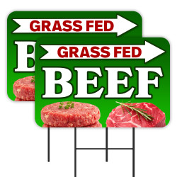 Grass Fed Beef - Meat Market Butcher 2 Pack Double-Sided Yard Signs 16" x 24" with Metal Stakes (Made in Texas)