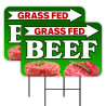 Grass Fed Beef - Meat Market Butcher 2 Pack Double-Sided Yard Signs 16" x 24" with Metal Stakes (Made in Texas)