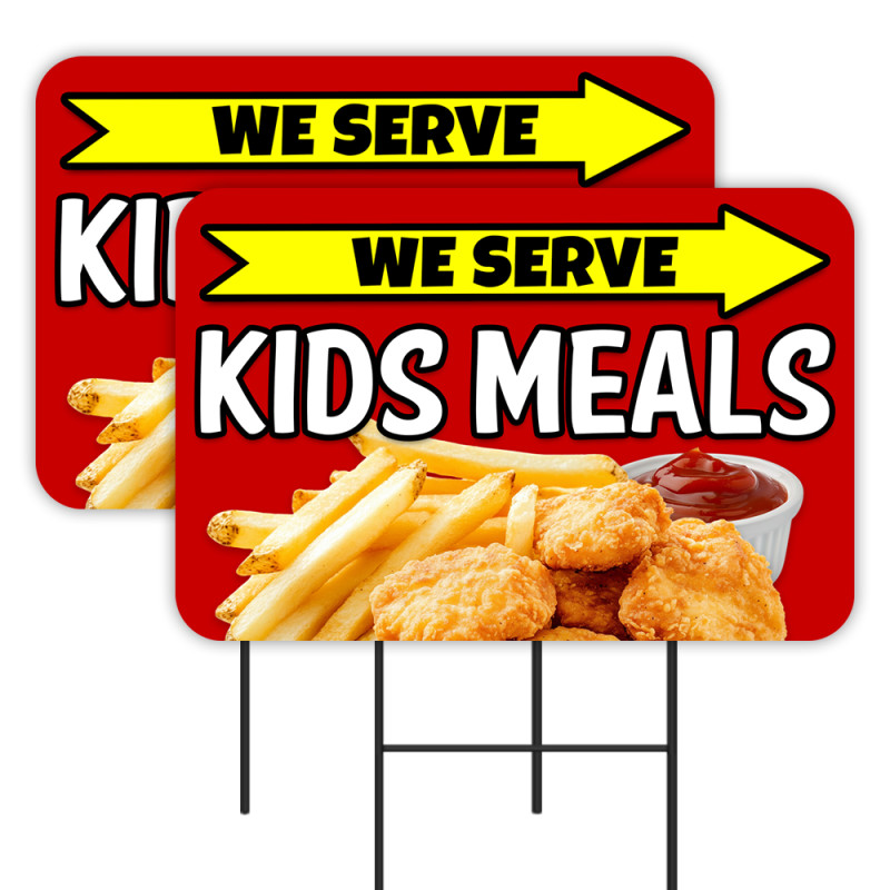 Kids Meals - Food Hot Dogs Nuggets Fries 2 Pack Double-Sided Yard Signs 16" x 24" with Metal Stakes (Made in Texas)