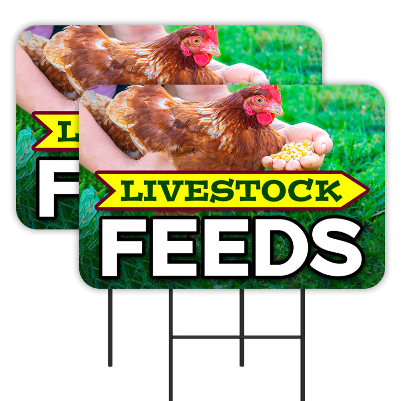 Livestock Feeds - Hay Farm Supply 2 Pack Double-Sided Yard Signs 16" x 24" with Metal Stakes (Made in Texas)