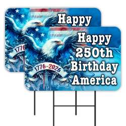 Happy 250th Birthday America - July 4th - USA 2 Pack Double-Sided Yard Signs 16" x 24" with Metal Stakes (Made in Texas)