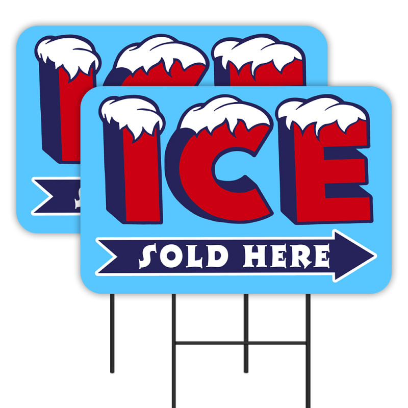 Ice Sold Here - Arrow 2 Pack Double-Sided Yard Signs 16" x 24" with Metal Stakes (Made in Texas)