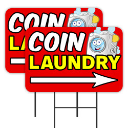 Coin Laundry - Laundromat 2 Pack Double-Sided Yard Signs 16" x 24" with Metal Stakes (Made in Texas)