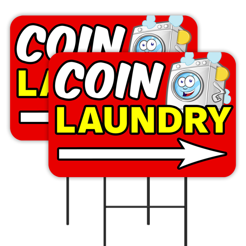Coin Laundry - Laundromat 2 Pack Double-Sided Yard Signs 16" x 24" with Metal Stakes (Made in Texas)