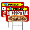 Philly Cheesesteak - Arrow 2 Pack Double-Sided Yard Signs 16" x 24" with Metal Stakes (Made in Texas)