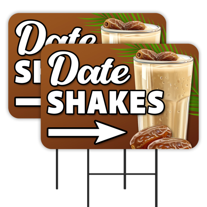 Date Shakes - Milkshakes 2 Pack Double-Sided Yard Signs 16" x 24" with Metal Stakes (Made in Texas)