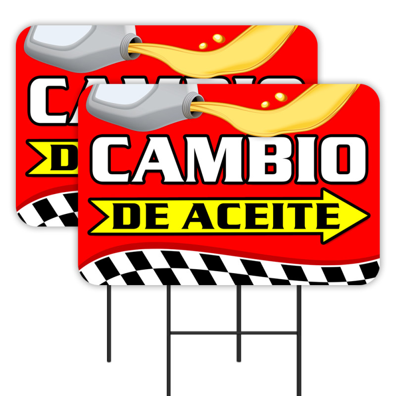 Cambio de Aceite - Oil Change 2 Pack Double-Sided Yard Signs 16" x 24" with Metal Stakes (Made in Texas)