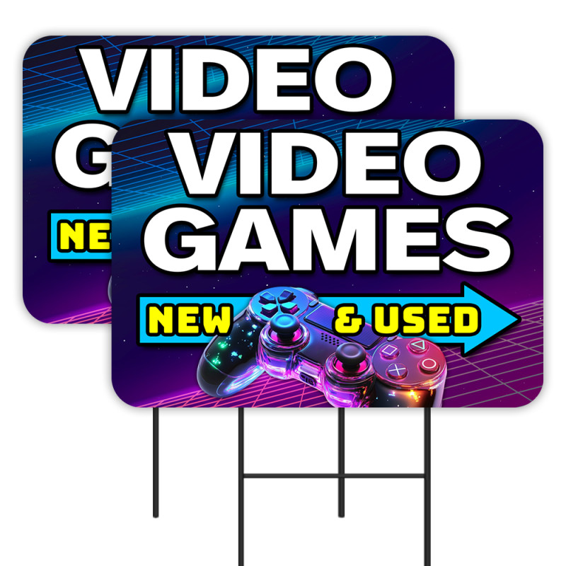 Video Games 2 Pack Double-Sided Yard Signs 16" x 24" with Metal Stakes (Made in Texas)