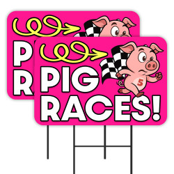 PIG RACES 2 Pack Double-Sided Yard Signs 16" x 24" with Metal Stakes (Made in Texas)