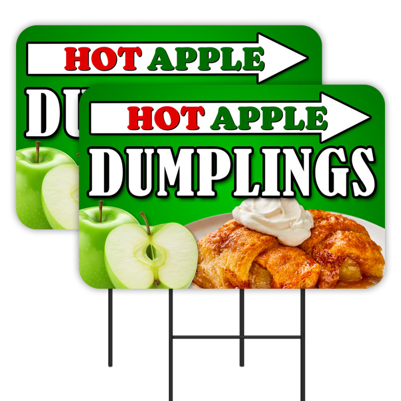 Hot Apple Dumplings 2 Pack Double-Sided Yard Signs 16" x 24" with Metal Stakes (Made in Texas)