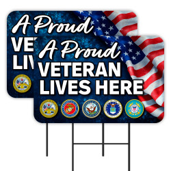 A Proud Veteran Lives Here 2 Pack Double-Sided Yard Signs 16" x 24" with Metal Stakes (Made in Texas)