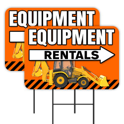 Equipment Rentals - Construction 2 Pack Double-Sided Yard Signs 16" x 24" with Metal Stakes (Made in Texas)