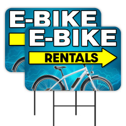 E-Bike Rentals - Electric Bicycle 2 Pack Double-Sided Yard Signs 16" x 24" with Metal Stakes (Made in Texas)