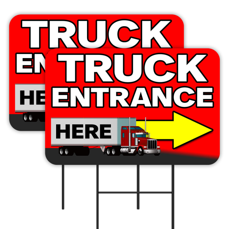 Truck Entrance Here - Deliveries 2 Pack Double-Sided Yard Signs 16" x 24" with Metal Stakes (Made in Texas)