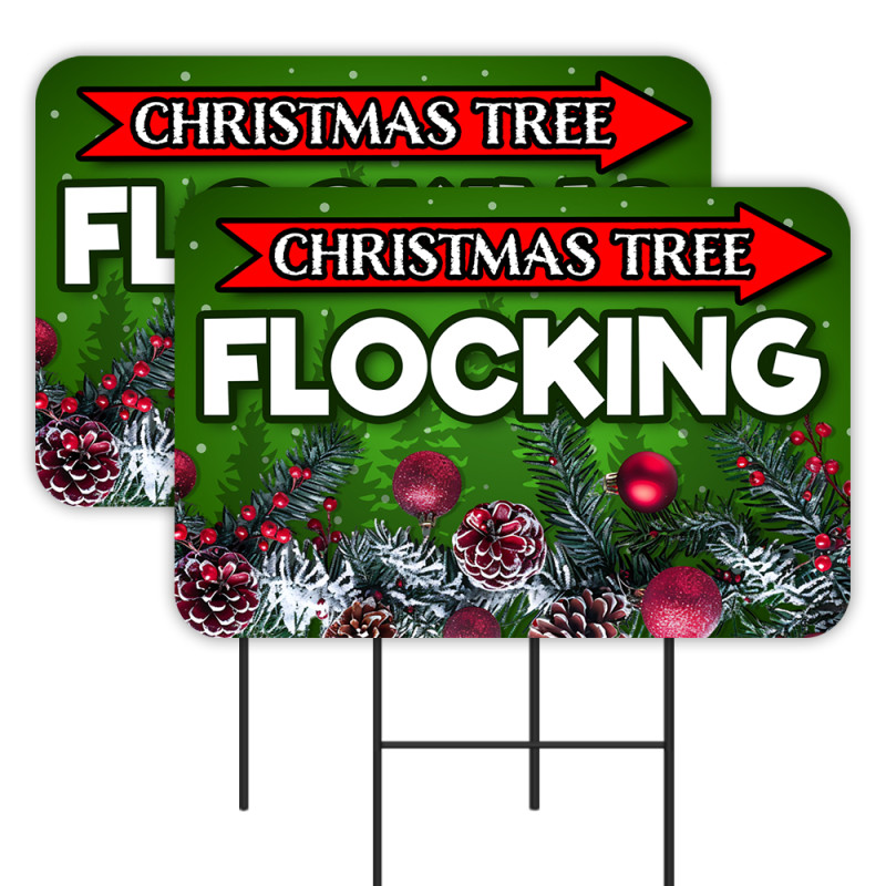 Christmas Tree Flocking 2 Pack Double-Sided Yard Signs 16" x 24" with Metal Stakes (Made in Texas)