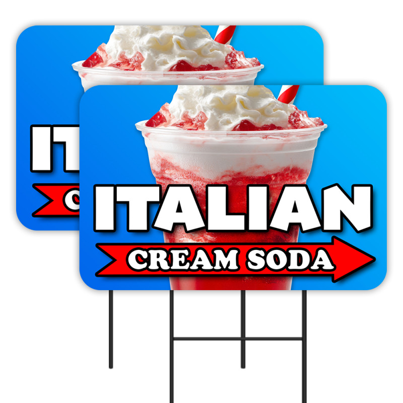 Italian Cream Soda 2 Pack Double-Sided Yard Signs 16" x 24" with Metal Stakes (Made in Texas)