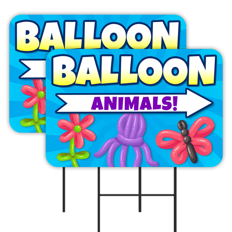 Balloon Animals 2 Pack Double-Sided Yard Signs 16" x 24" with Metal Stakes (Made in Texas)