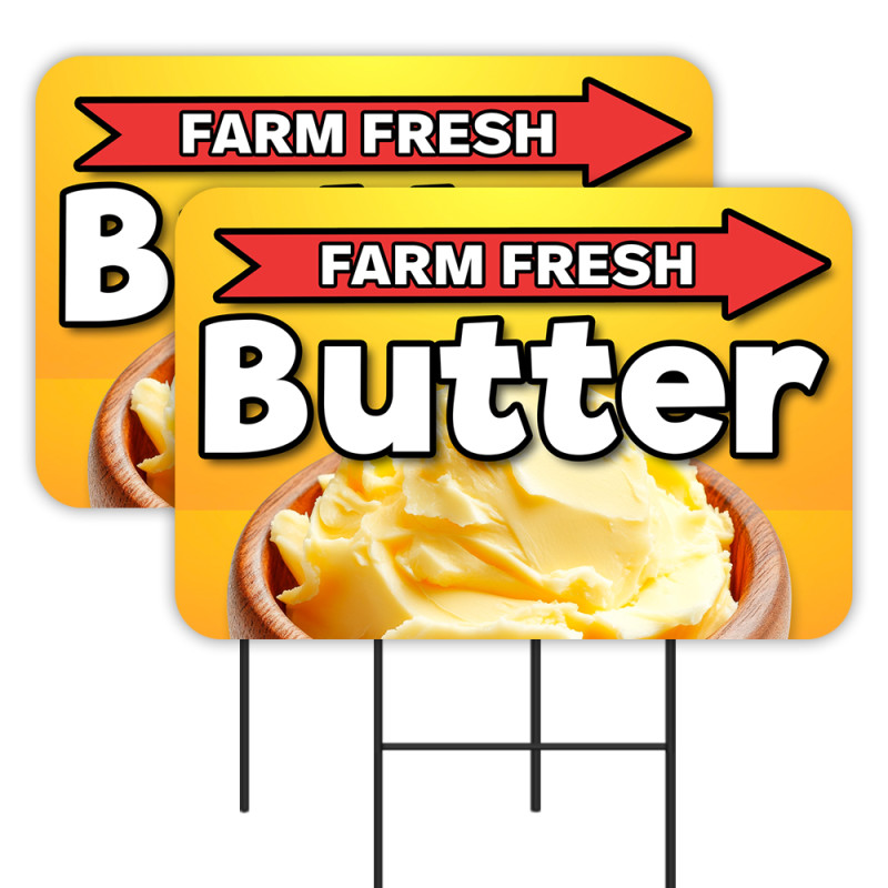 Farm Fresh Butter - Milk Eggs 2 Pack Double-Sided Yard Signs 16" x 24" with Metal Stakes (Made in Texas)