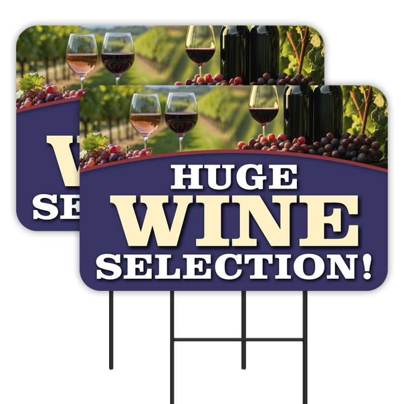 Huge Wine Selection - Liquor Store 2 Pack Double-Sided Yard Signs 16" x 24" with Metal Stakes (Made in Texas)