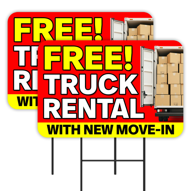 Free Truck Rental With Move-In 2 Pack Double-Sided Yard Signs 16" x 24" with Metal Stakes (Made in Texas)