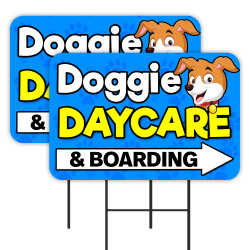 Doggie Daycare & Boarding - Grooming 2 Pack Double-Sided Yard Signs 16" x 24" with Metal Stakes (Made in Texas)