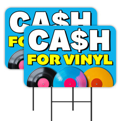 Cash For Vinyl Records 2 Pack Double-Sided Yard Signs 16" x 24" with Metal Stakes (Made in Texas)