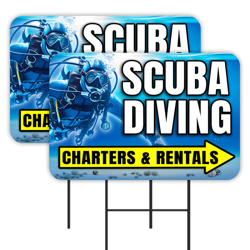 Scuba Diving - Charters & Rentals 2 Pack Double-Sided Yard Signs 16" x 24" with Metal Stakes (Made in Texas)