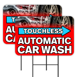Touchless Automatic Car Wash 2 Pack Double-Sided Yard Signs 16" x 24" with Metal Stakes (Made in Texas)