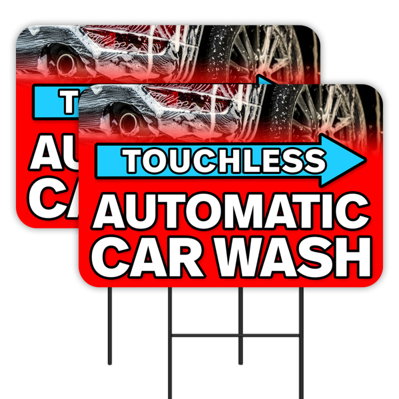 Touchless Automatic Car Wash 2 Pack Double-Sided Yard Signs 16" x 24" with Metal Stakes (Made in Texas)