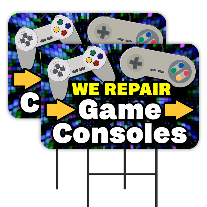 We Repair Video Game Consoles 2 Pack Double-Sided Yard Signs 16" x 24" with Metal Stakes (Made in Texas)