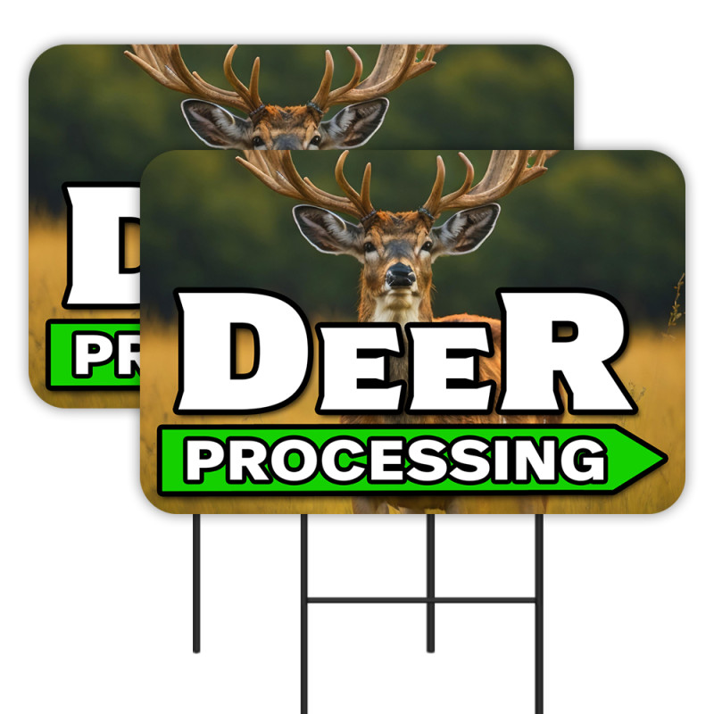 Deer Processing - Hunting Meat 2 Pack Double-Sided Yard Signs 16" x 24" with Metal Stakes (Made in Texas)