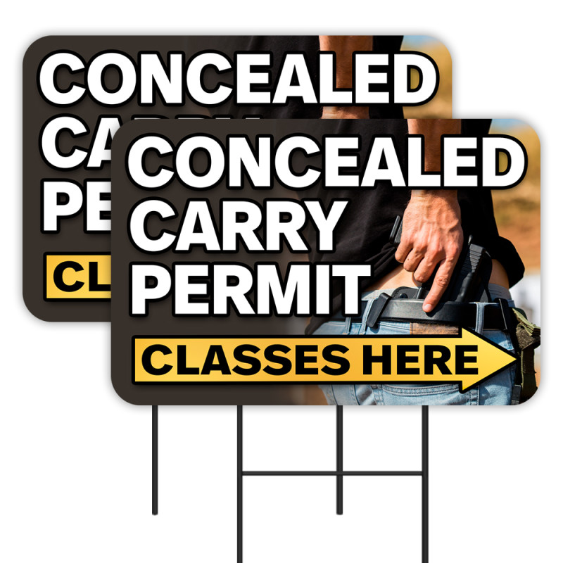 Concealed Carry Permit Classes - Guns Ammo 2 Pack Double-Sided Yard Signs 16" x 24" with Metal Stakes (Made in Texas)