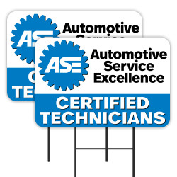 ASE Certified Technicians - Mechanic Auto Repair 2 Pack Double-Sided Yard Signs 16" x 24" with Metal Stakes (Made in Texas)