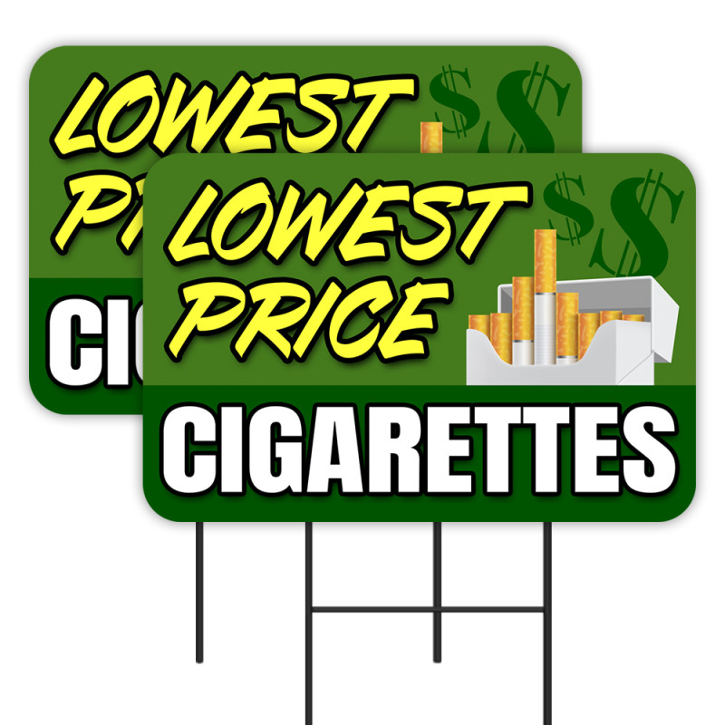 Lowest Price Cigarettes - Cigars Smoke Shop 2 Pack Double-Sided Yard Signs 16" x 24" with Metal Stakes (Made in Texas)