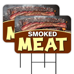 Smoked Meat - BBQ Brisket Ribs 2 Pack Double-Sided Yard Signs 16" x 24" with Metal Stakes (Made in Texas)