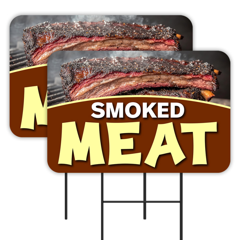 Smoked Meat - BBQ Brisket Ribs 2 Pack Double-Sided Yard Signs 16" x 24" with Metal Stakes (Made in Texas)