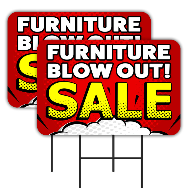 Furniture Blow Out Sale - Mattress Sofa 2 Pack Double-Sided Yard Signs 16" x 24" with Metal Stakes (Made in Texas)