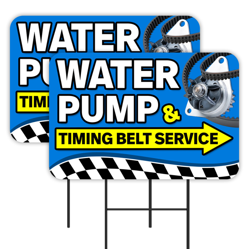 Water Pump & Timing Belt Service - Auto Repair 2 Pack Double-Sided Yard Signs 16" x 24" with Metal Stakes (Made in Texas)