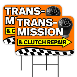 Transmission & Clutch Repair - Auto Service 2 Pack Double-Sided Yard Signs 16" x 24" with Metal Stakes (Made in Texas)