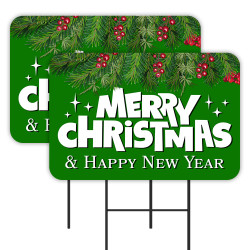 Merry Christmas & Happy New Year 2 Pack Double-Sided Yard Signs 16" x 24" with Metal Stakes (Made in Texas)