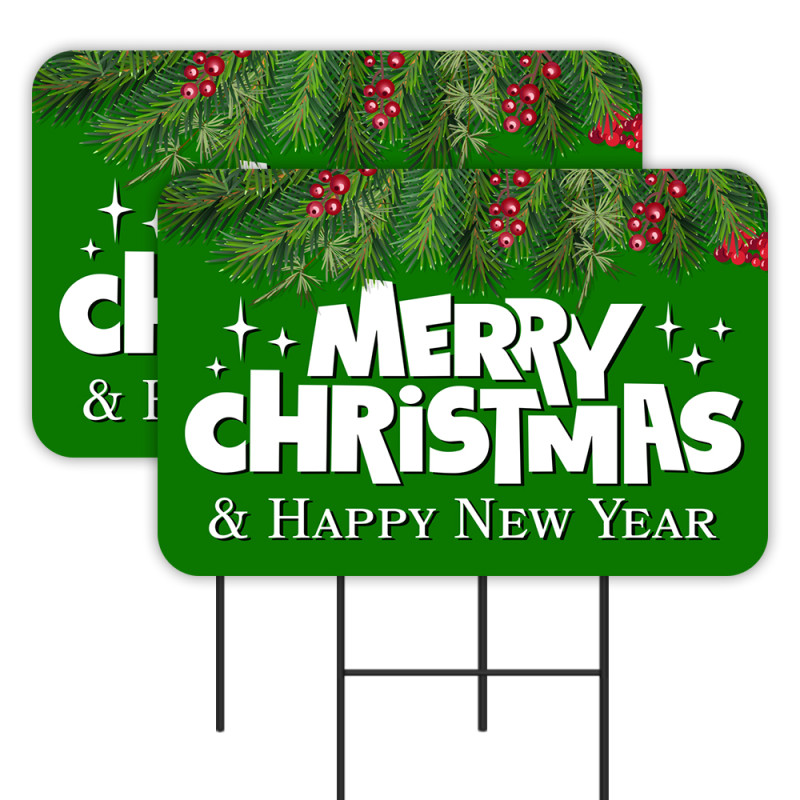 Merry Christmas & Happy New Year 2 Pack Double-Sided Yard Signs 16" x 24" with Metal Stakes (Made in Texas)