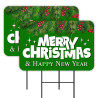 Merry Christmas & Happy New Year 2 Pack Double-Sided Yard Signs 16" x 24" with Metal Stakes (Made in Texas)